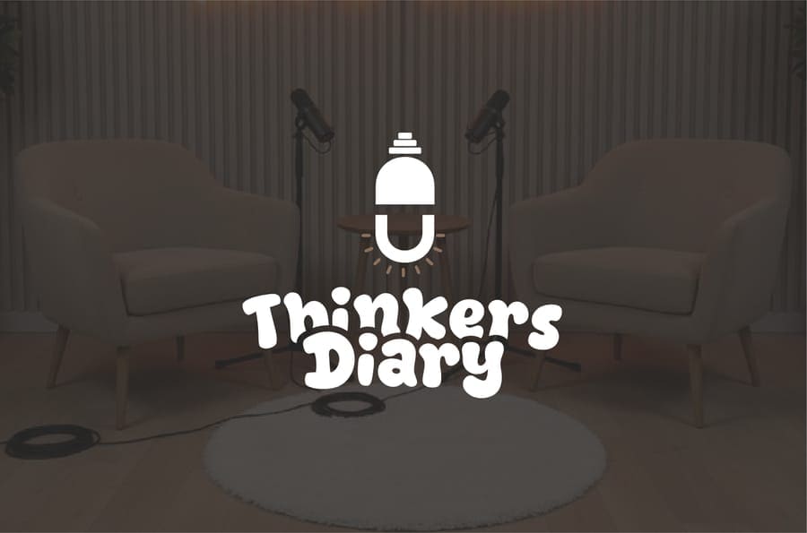 Thinkers Diary: An identity for a podcast, where the mark spends its life on a dark photograph